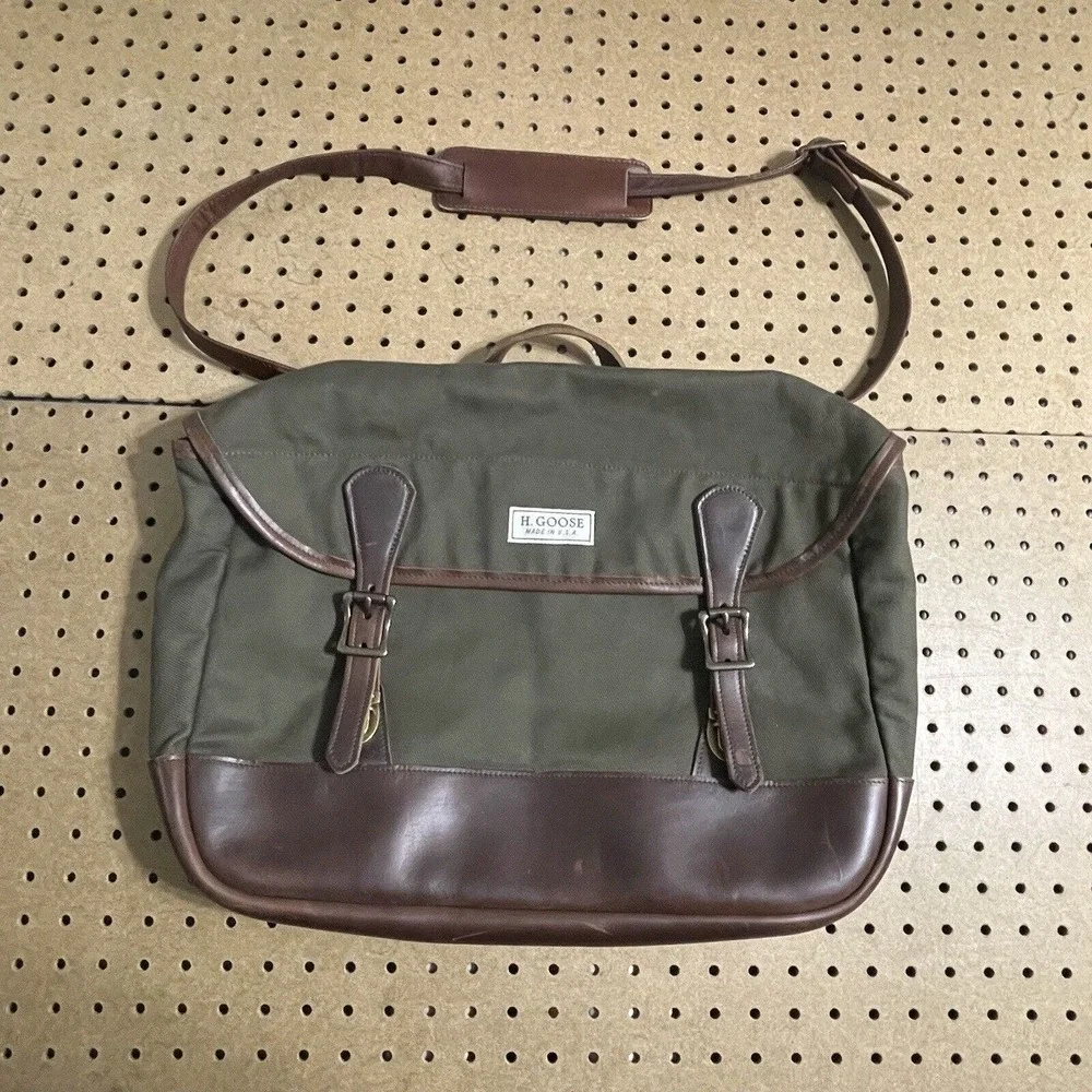 H.GOOSE Field Collection Canvas Leather Buffalo Plaid Lined Messenger Bag